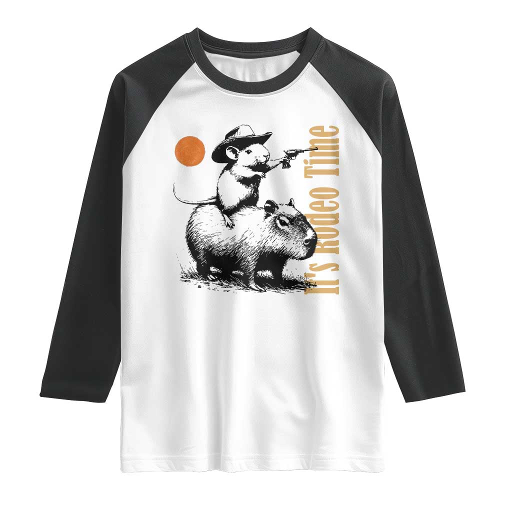 It Is Rodeo Time Raglan Shirt Funny Wild West Mouse Riding Capybara TS12 White Black Print Your Wear