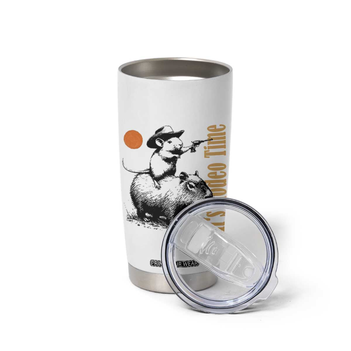 It Is Rodeo Time Tumbler Cup Funny Wild West Mouse Riding Capybara TS12 Print Your Wear