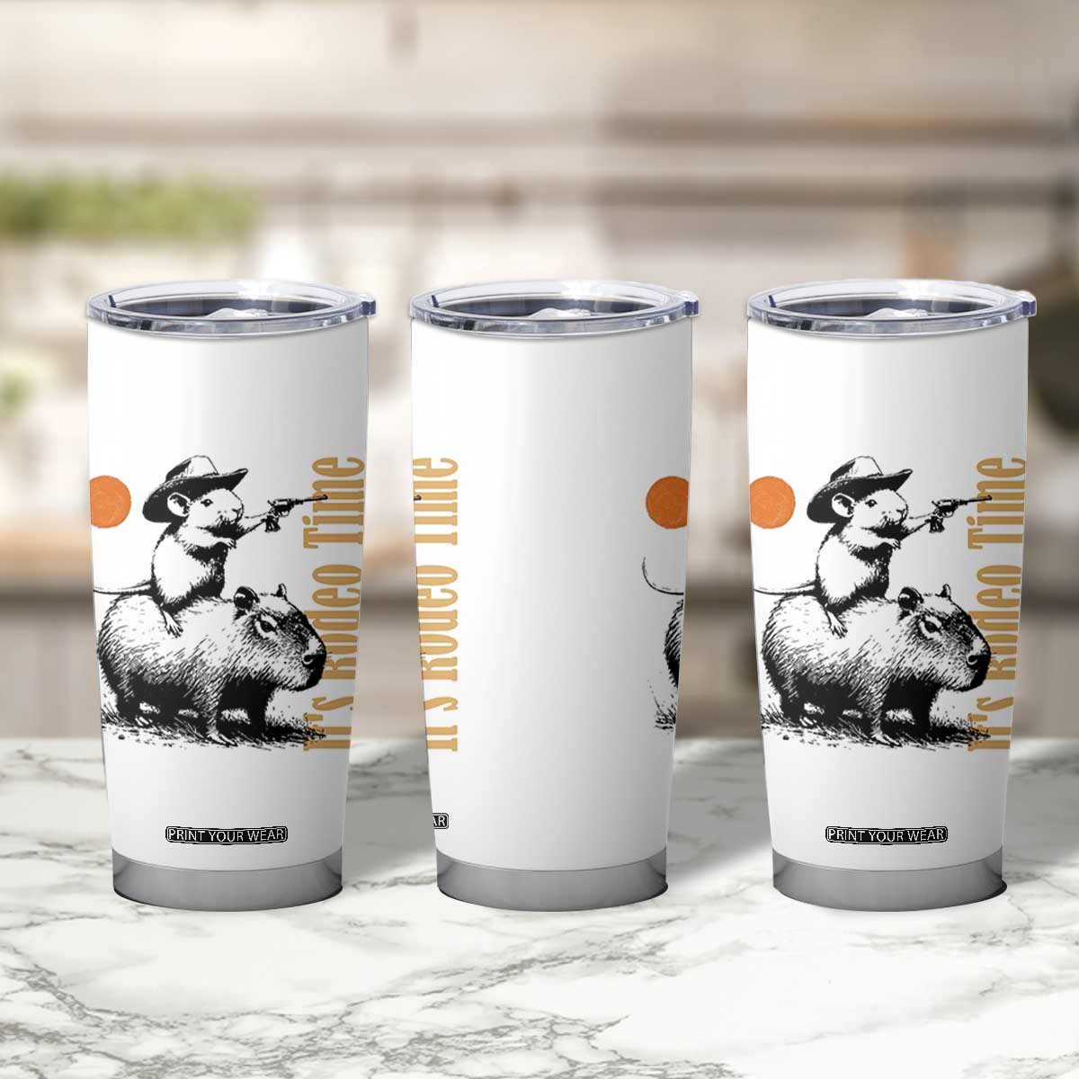 It Is Rodeo Time Tumbler Cup Funny Wild West Mouse Riding Capybara TS12 Print Your Wear