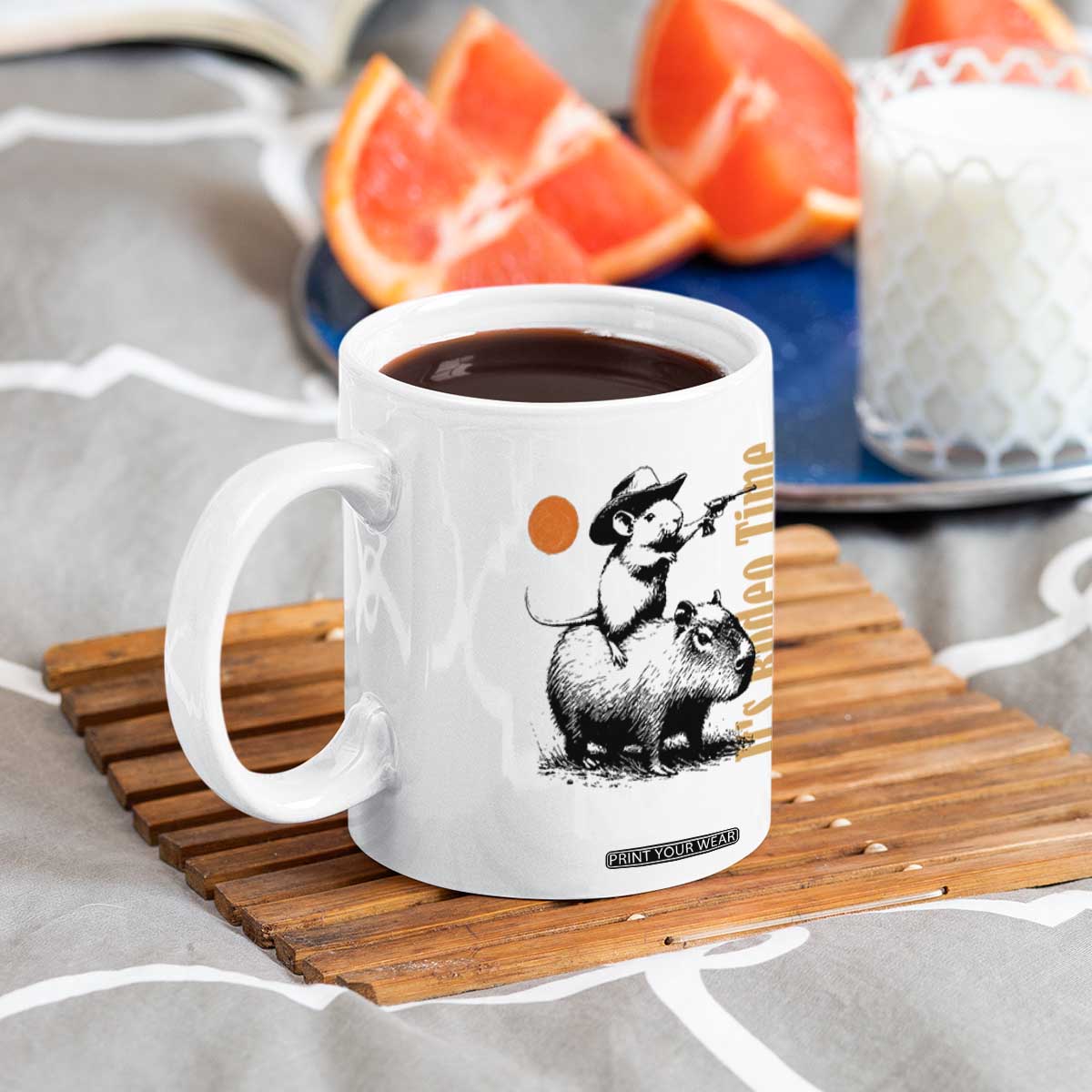 It Is Rodeo Time Coffee Mug Funny Wild West Mouse Riding Capybara TS12 Print Your Wear