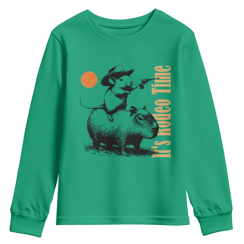 It Is Rodeo Time Youth Sweatshirt Funny Wild West Mouse Riding Capybara TS12 Irish Green Print Your Wear