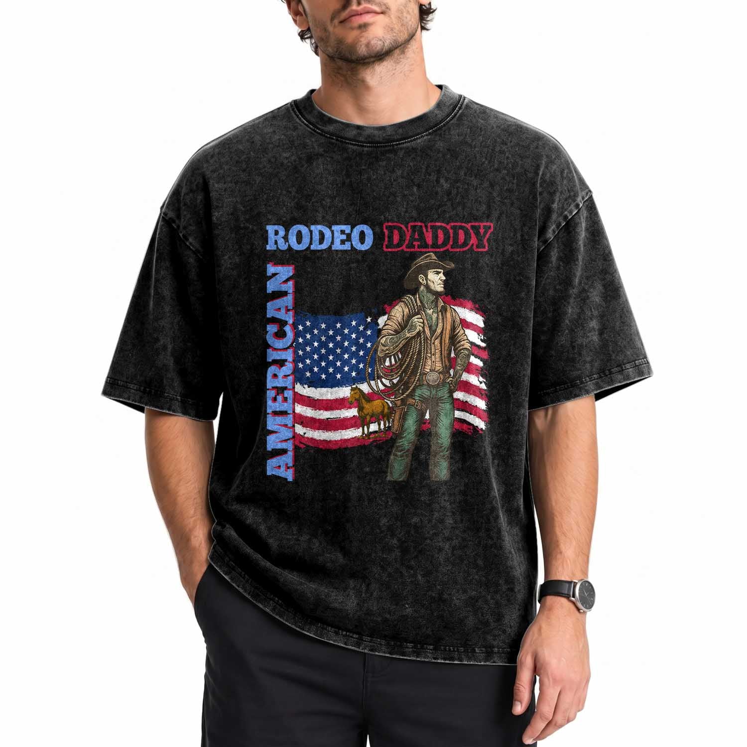 Patriotic Cowboy Washed Cotton T-Shirt American Rodeo Daddy USA Rodeo Art