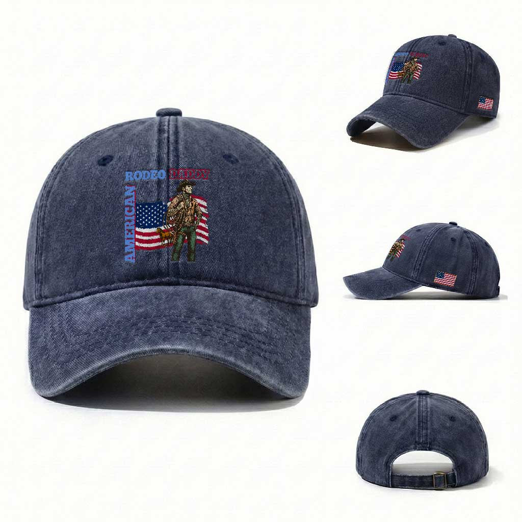 Patriotic Cowboy Washed Cotton Baseball Cap American Rodeo Daddy USA Rodeo Art TS12 Washed Cap Universal Fit Navy Print Your Wear