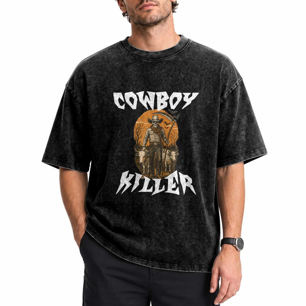 Cowboy Killer Halloween Skeleton Washed Cotton T-Shirt Gothic Western Art