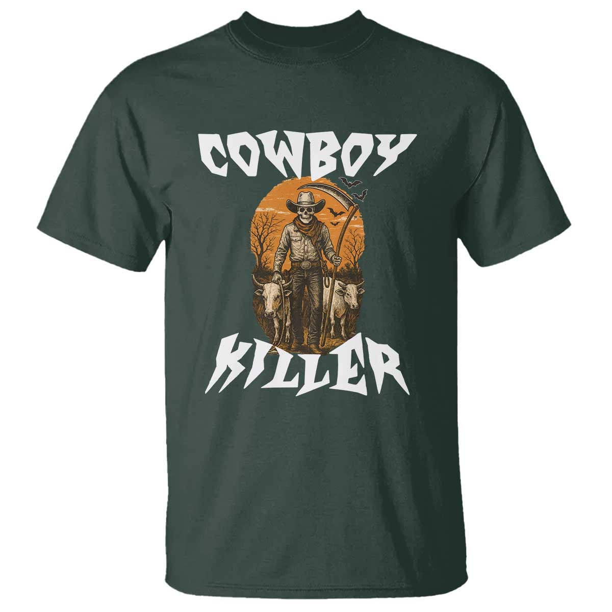 Cowboy Killer Halloween Skeleton T Shirt Gothic Western Art TS12 Dark Forest Green Print Your Wear