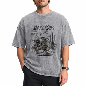 Halloween Skeleton Washed Cotton T-Shirt Are You Ready October 31 Rodeo Cowboy