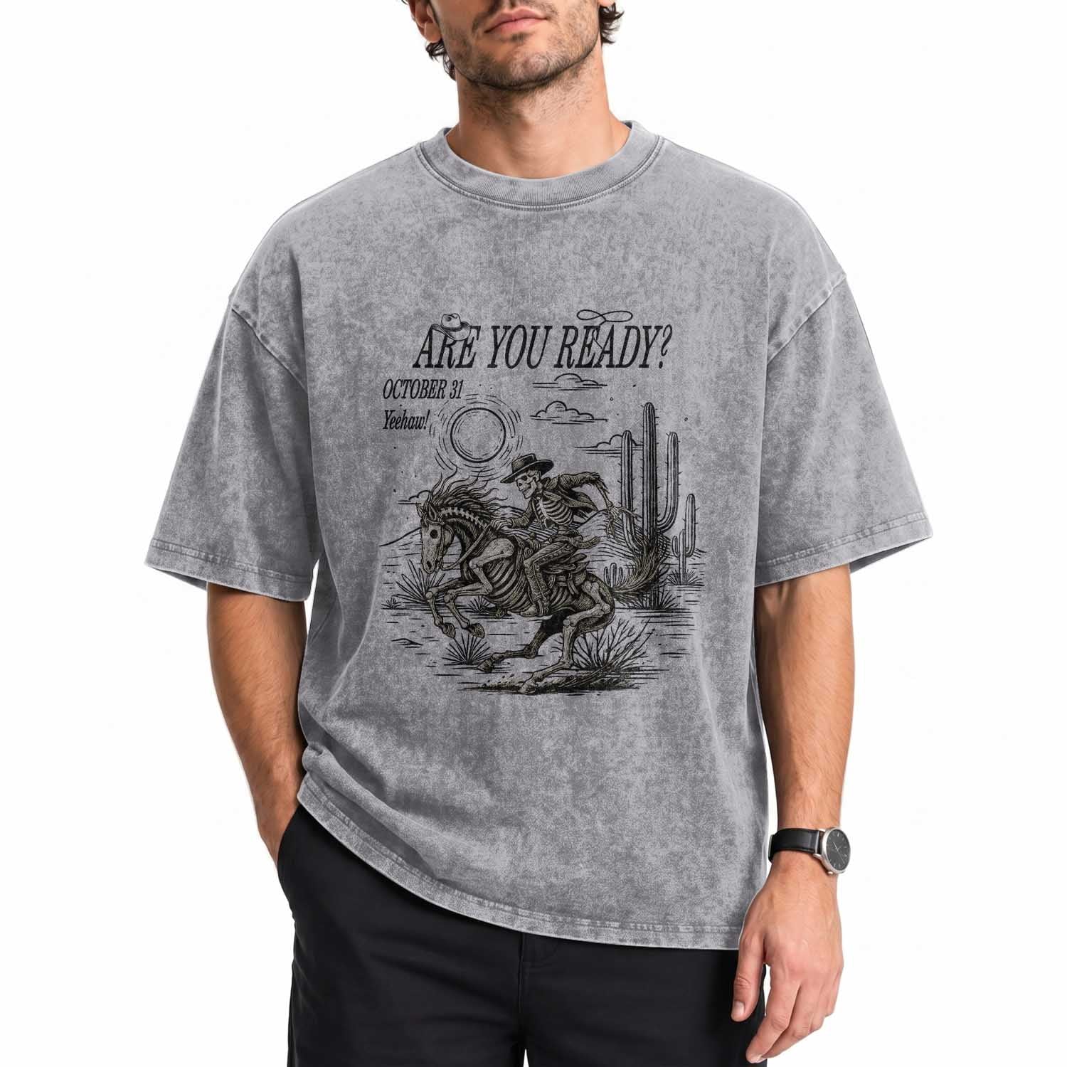 Halloween Skeleton Washed Cotton T-Shirt Are You Ready October 31 Rodeo Cowboy