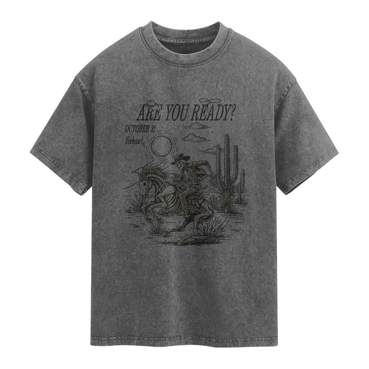 Halloween Skeleton Washed Cotton T-Shirt Are You Ready October 31 Rodeo Cowboy