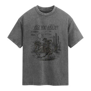 Halloween Skeleton Washed Cotton T-Shirt Are You Ready October 31 Rodeo Cowboy