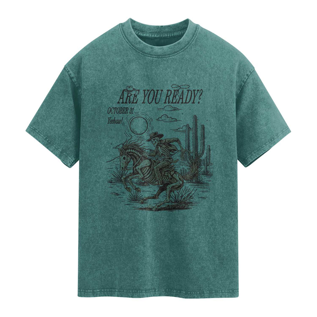 Halloween Skeleton Washed Cotton T-Shirt Are You Ready October 31 Rodeo Cowboy