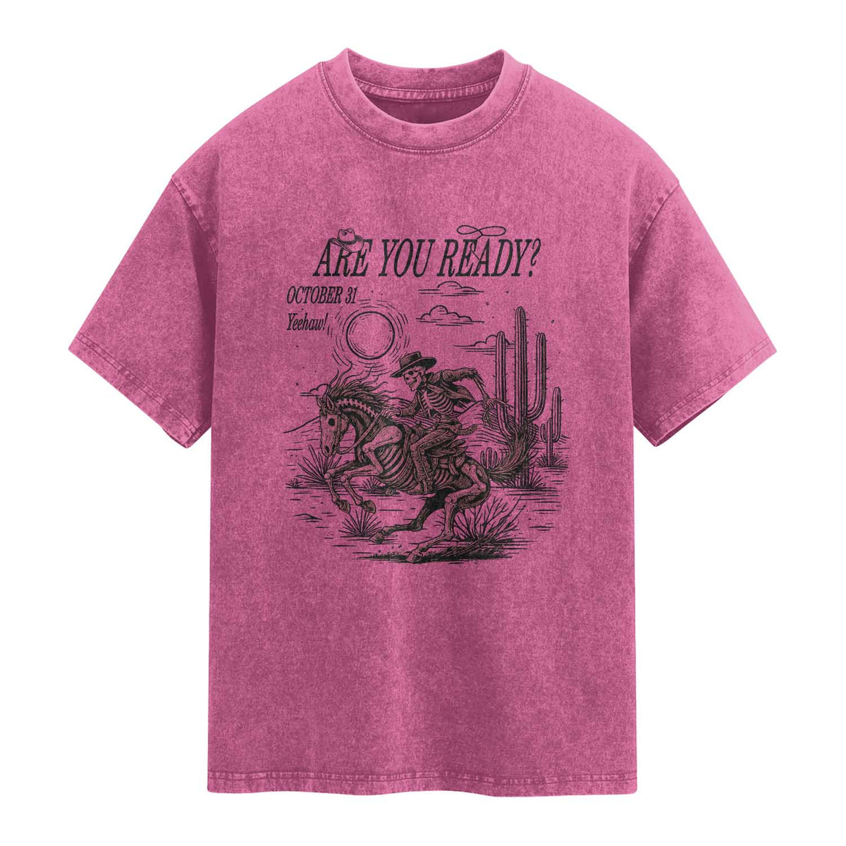 Halloween Skeleton Washed Cotton T-Shirt Are You Ready October 31 Rodeo Cowboy