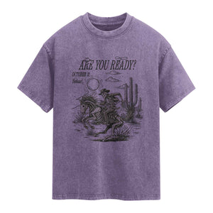 Halloween Skeleton Washed Cotton T-Shirt Are You Ready October 31 Rodeo Cowboy