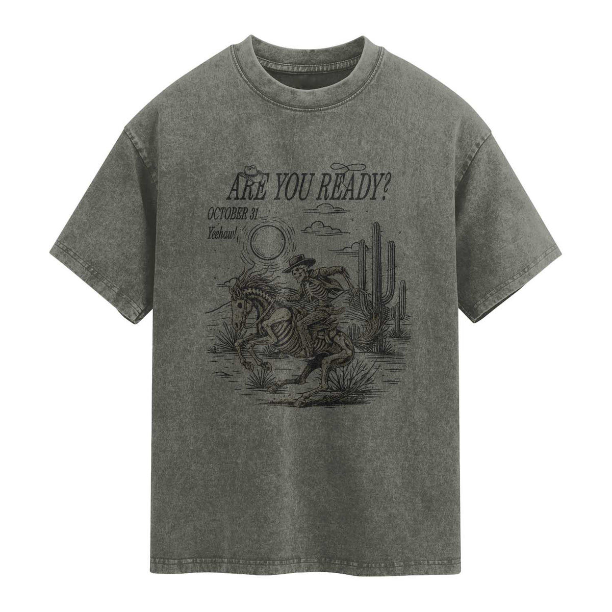 Halloween Skeleton Washed Cotton T-Shirt Are You Ready October 31 Rodeo Cowboy
