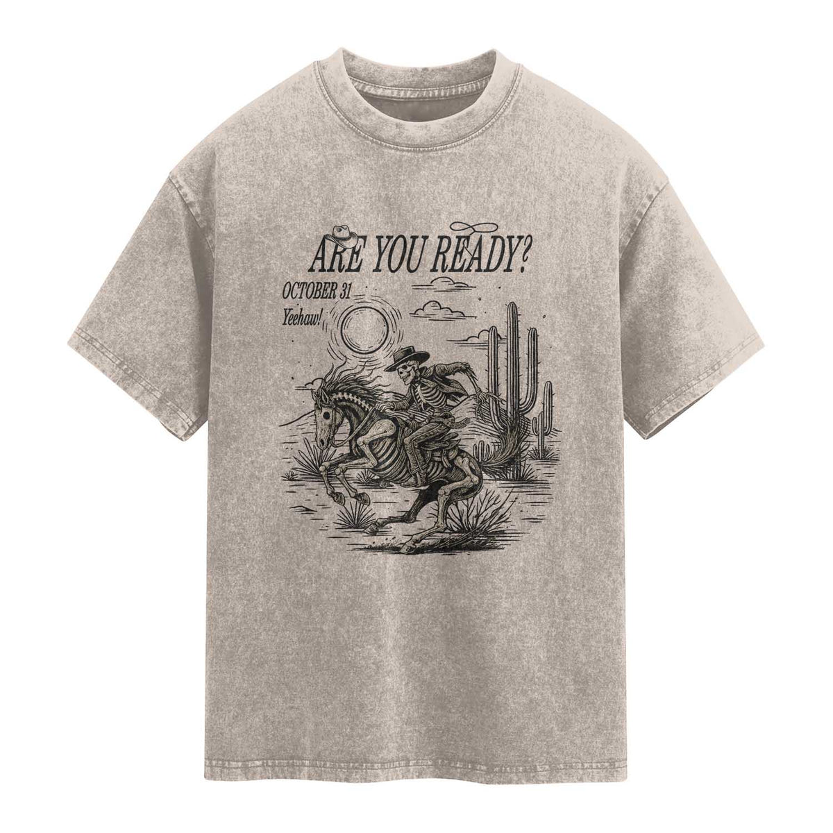 Halloween Skeleton Washed Cotton T-Shirt Are You Ready October 31 Rodeo Cowboy