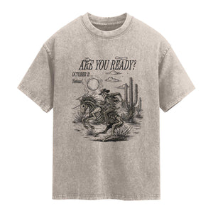 Halloween Skeleton Washed Cotton T-Shirt Are You Ready October 31 Rodeo Cowboy