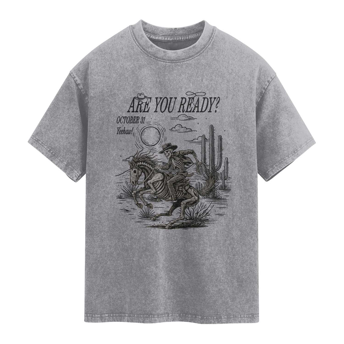 Halloween Skeleton Washed Cotton T-Shirt Are You Ready October 31 Rodeo Cowboy