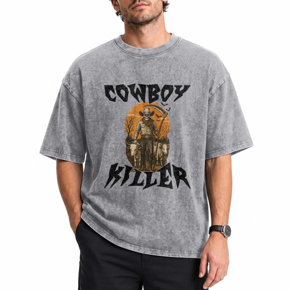 Halloween Skeleton Washed Cotton T-Shirt Cowboy Killer Spooky Western Horror Design