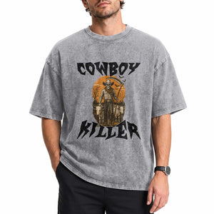 Halloween Skeleton Washed Cotton T-Shirt Cowboy Killer Spooky Western Horror Design