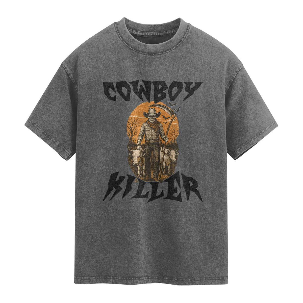 Halloween Skeleton Washed Cotton T-Shirt Cowboy Killer Spooky Western Horror Design