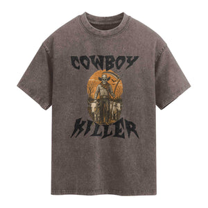 Halloween Skeleton Washed Cotton T-Shirt Cowboy Killer Spooky Western Horror Design