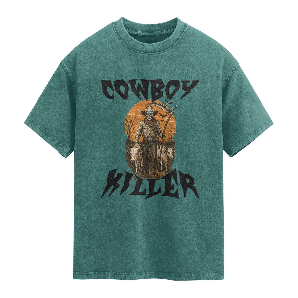 Halloween Skeleton Washed Cotton T-Shirt Cowboy Killer Spooky Western Horror Design