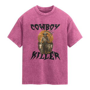 Halloween Skeleton Washed Cotton T-Shirt Cowboy Killer Spooky Western Horror Design