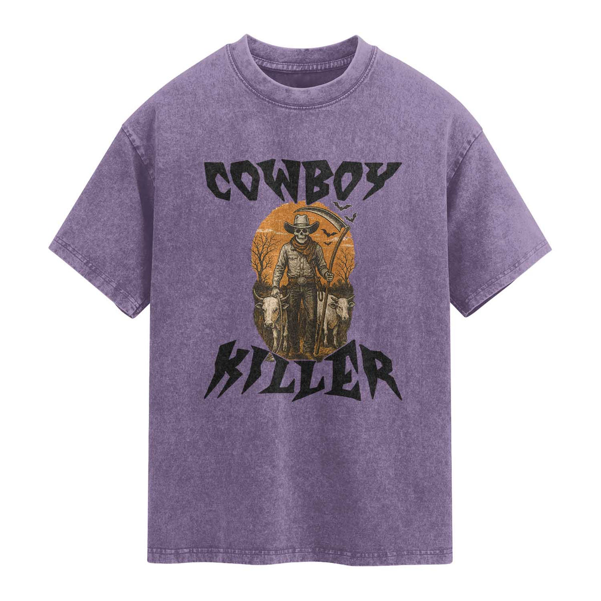 Halloween Skeleton Washed Cotton T-Shirt Cowboy Killer Spooky Western Horror Design