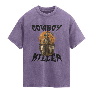 Halloween Skeleton Washed Cotton T-Shirt Cowboy Killer Spooky Western Horror Design