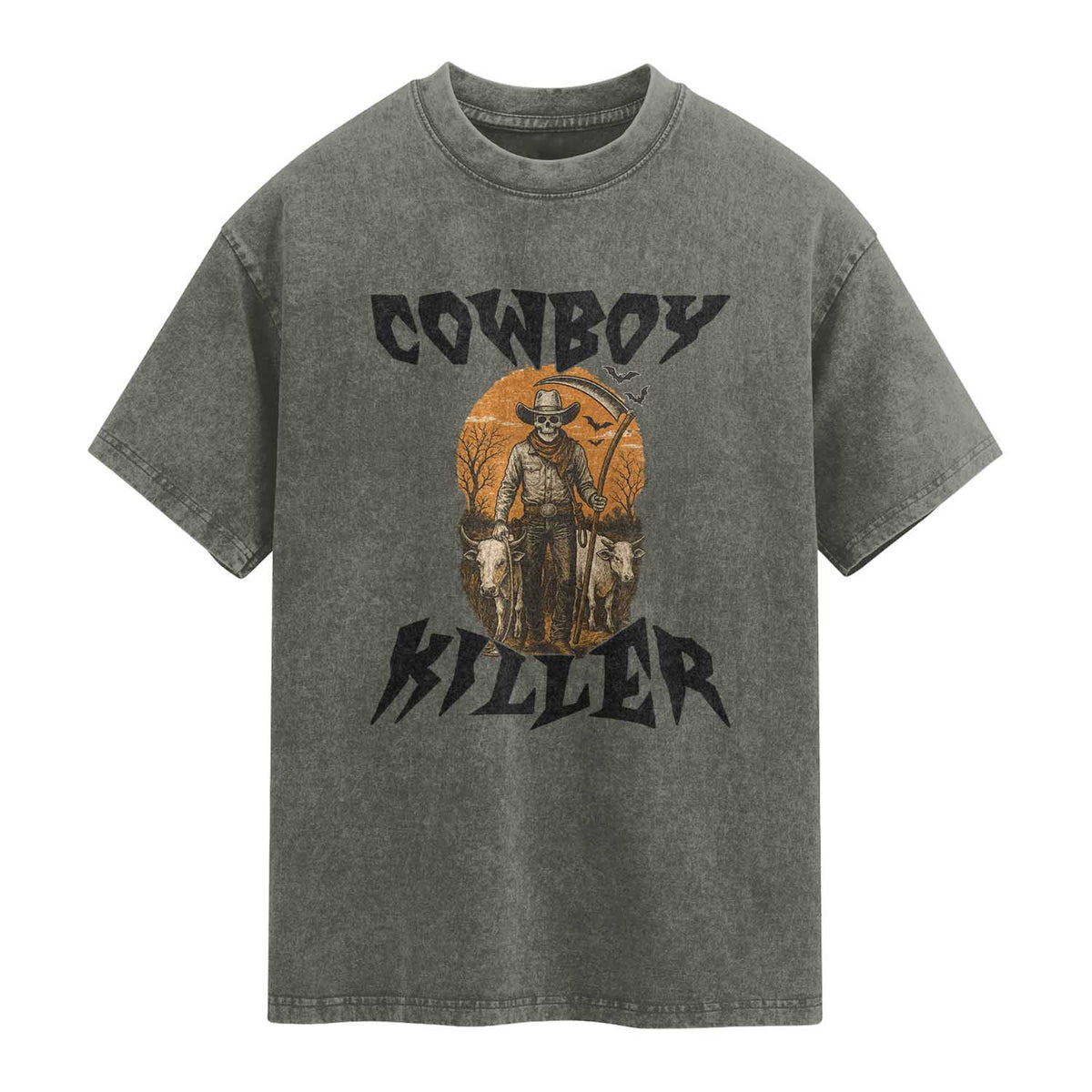 Halloween Skeleton Washed Cotton T-Shirt Cowboy Killer Spooky Western Horror Design