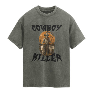 Halloween Skeleton Washed Cotton T-Shirt Cowboy Killer Spooky Western Horror Design