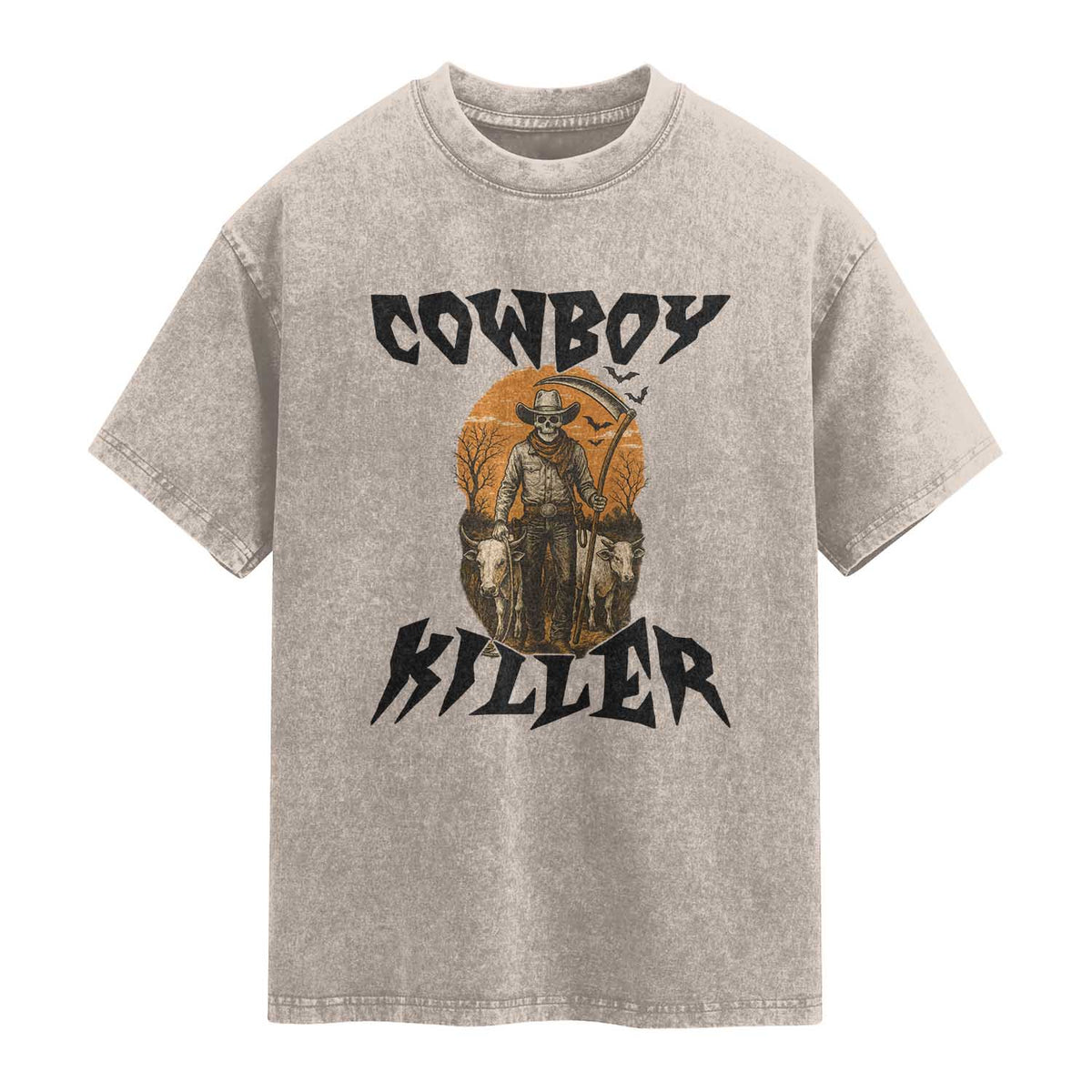 Halloween Skeleton Washed Cotton T-Shirt Cowboy Killer Spooky Western Horror Design