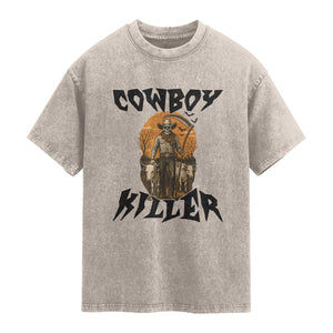 Halloween Skeleton Washed Cotton T-Shirt Cowboy Killer Spooky Western Horror Design