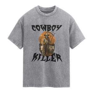 Halloween Skeleton Washed Cotton T-Shirt Cowboy Killer Spooky Western Horror Design