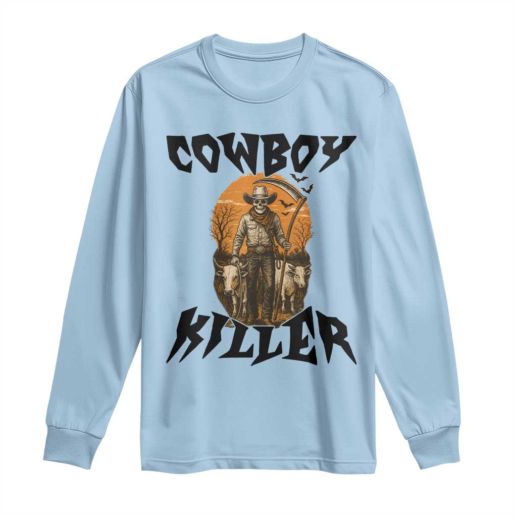 Halloween Skeleton Long Sleeve Shirt Cowboy Killer Spooky Western Horror Design TS12 Light Blue Print Your Wear