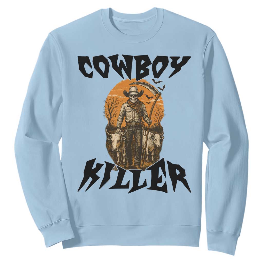 Halloween Skeleton Sweatshirt Cowboy Killer Spooky Western Horror Design TS12 Light Blue Print Your Wear