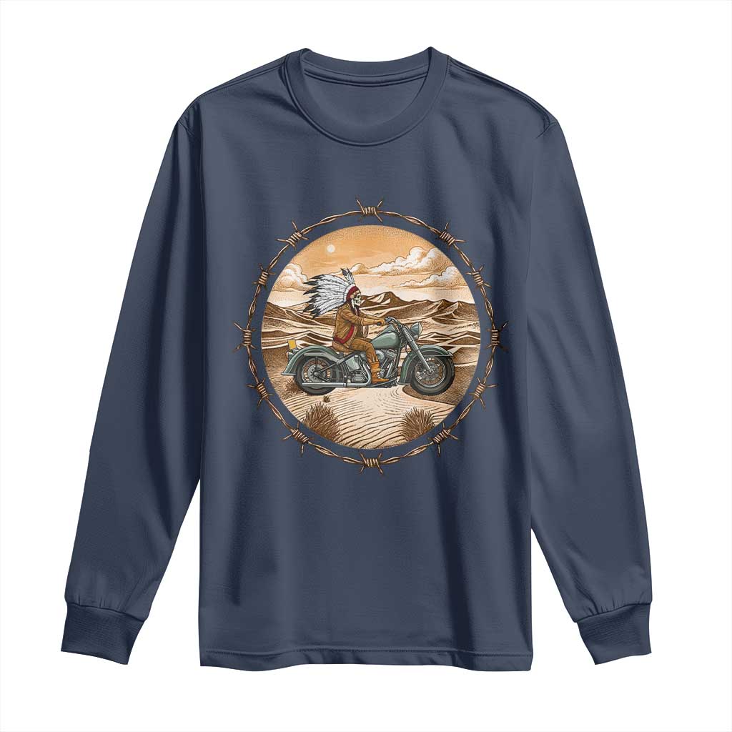 Native American Biker Gift Long Sleeve Shirt Skull Motorcycle Rider TS12 Navy Print Your Wear