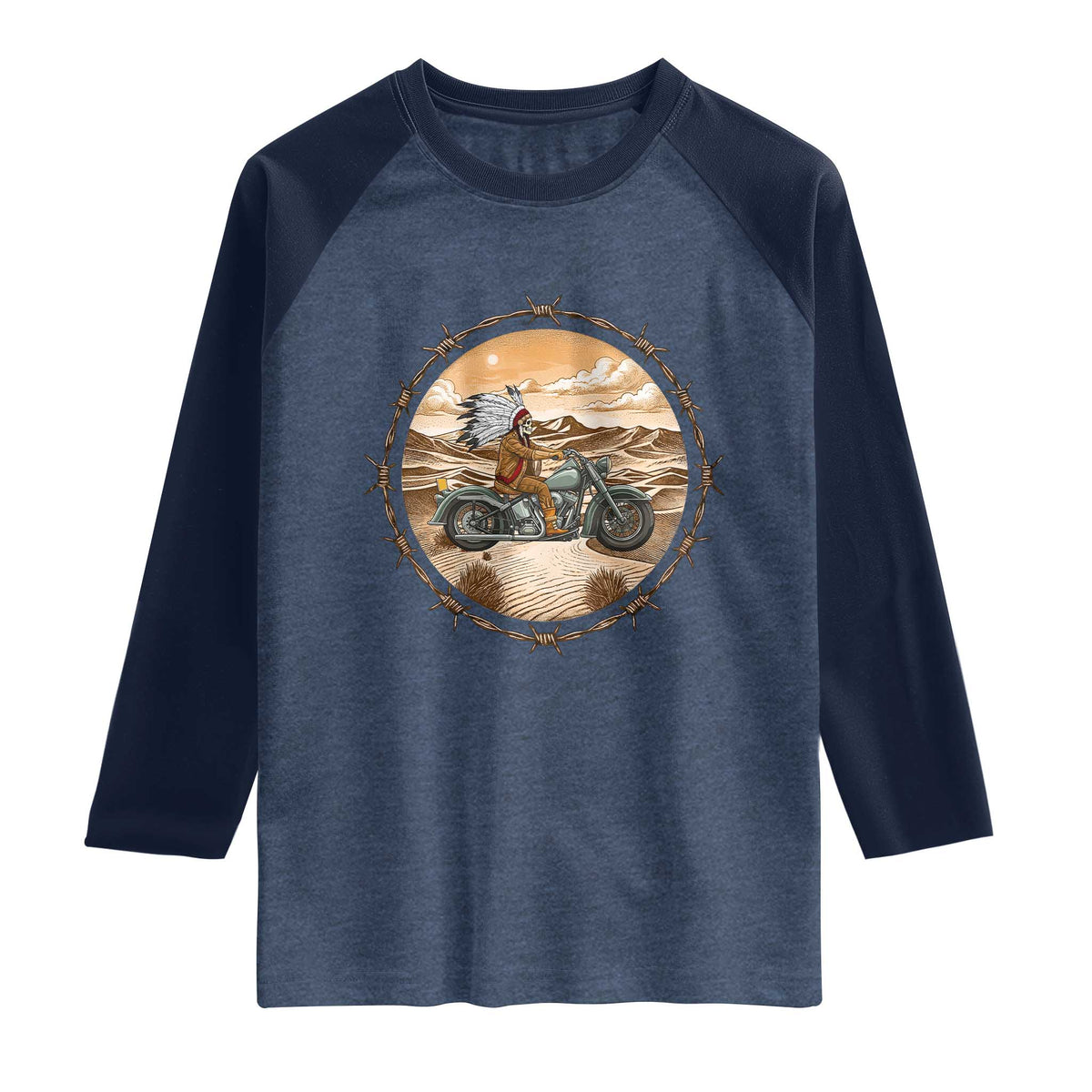 Native American Biker Gift Raglan Shirt Skull Motorcycle Rider TS12 Heather Denim Navy Print Your Wear