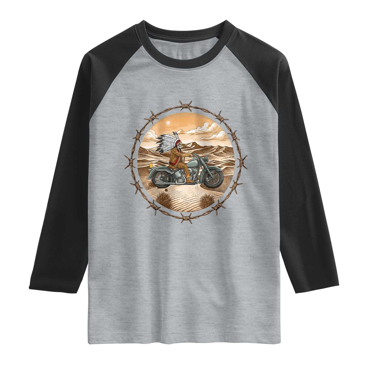Native American Biker Gift Raglan Shirt Skull Motorcycle Rider TS12 Heather Gray Black Print Your Wear