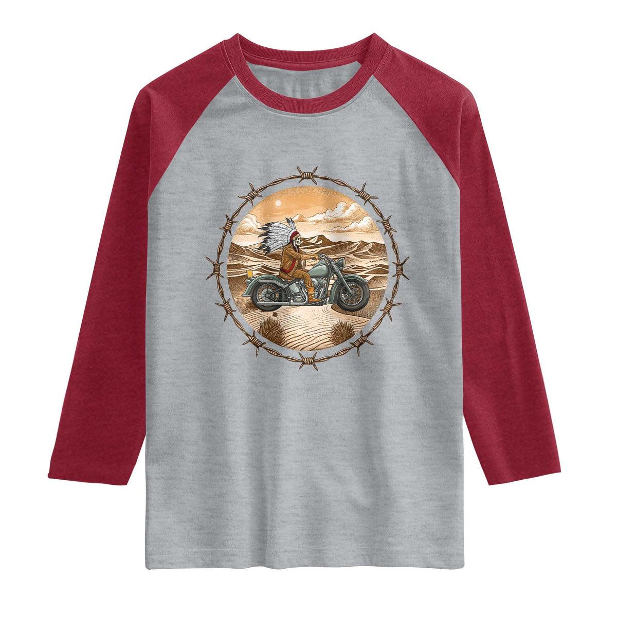 Native American Biker Gift Raglan Shirt Skull Motorcycle Rider TS12 Heather Gray Heather Red Print Your Wear