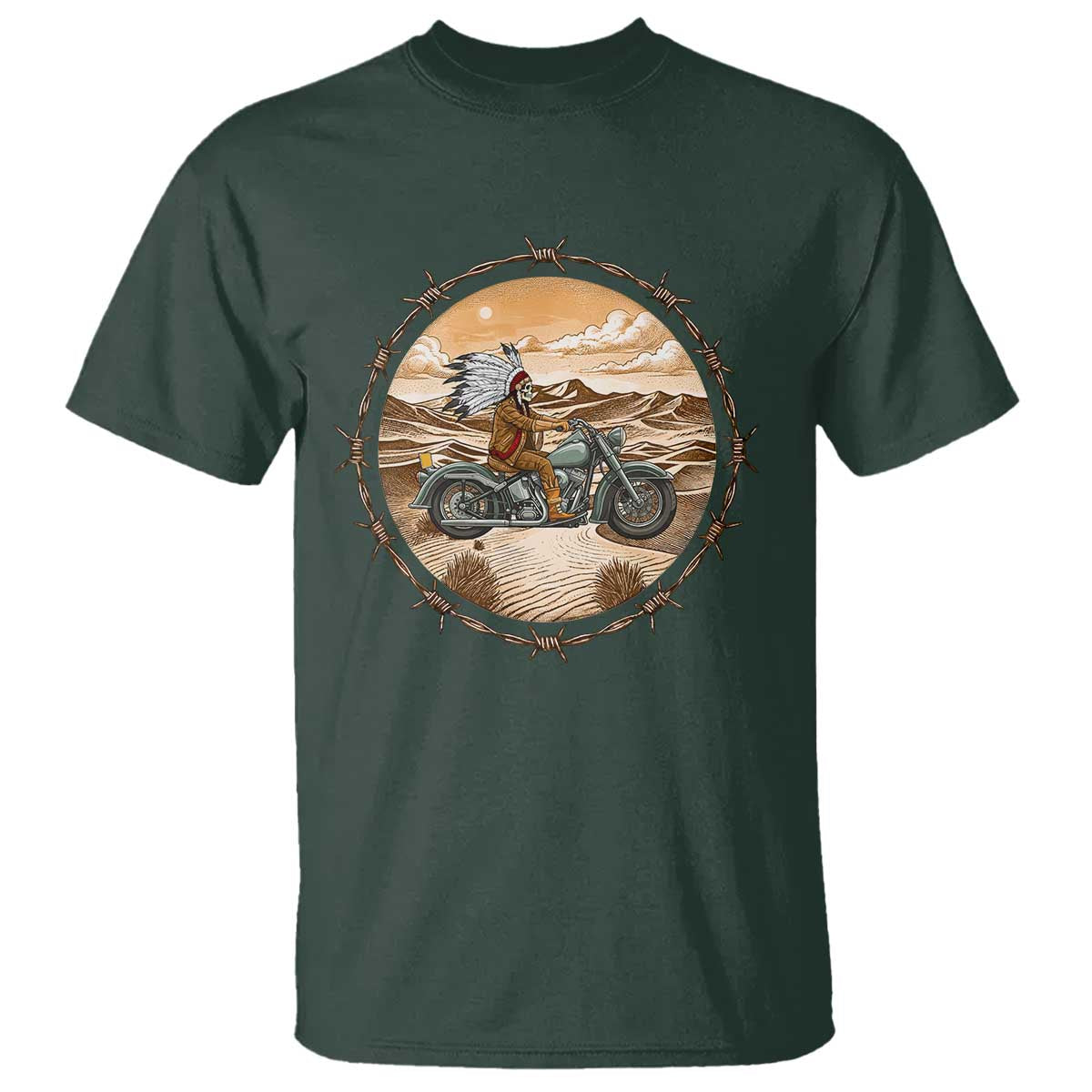 Native American Biker Gift T Shirt Skull Motorcycle Rider TS12 Dark Forest Green Print Your Wear