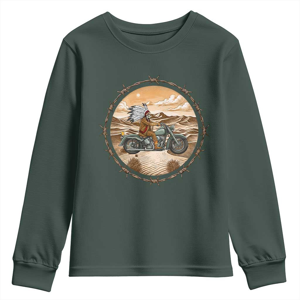 Native American Biker Gift Youth Sweatshirt Skull Motorcycle Rider TS12 Dark Forest Green Print Your Wear