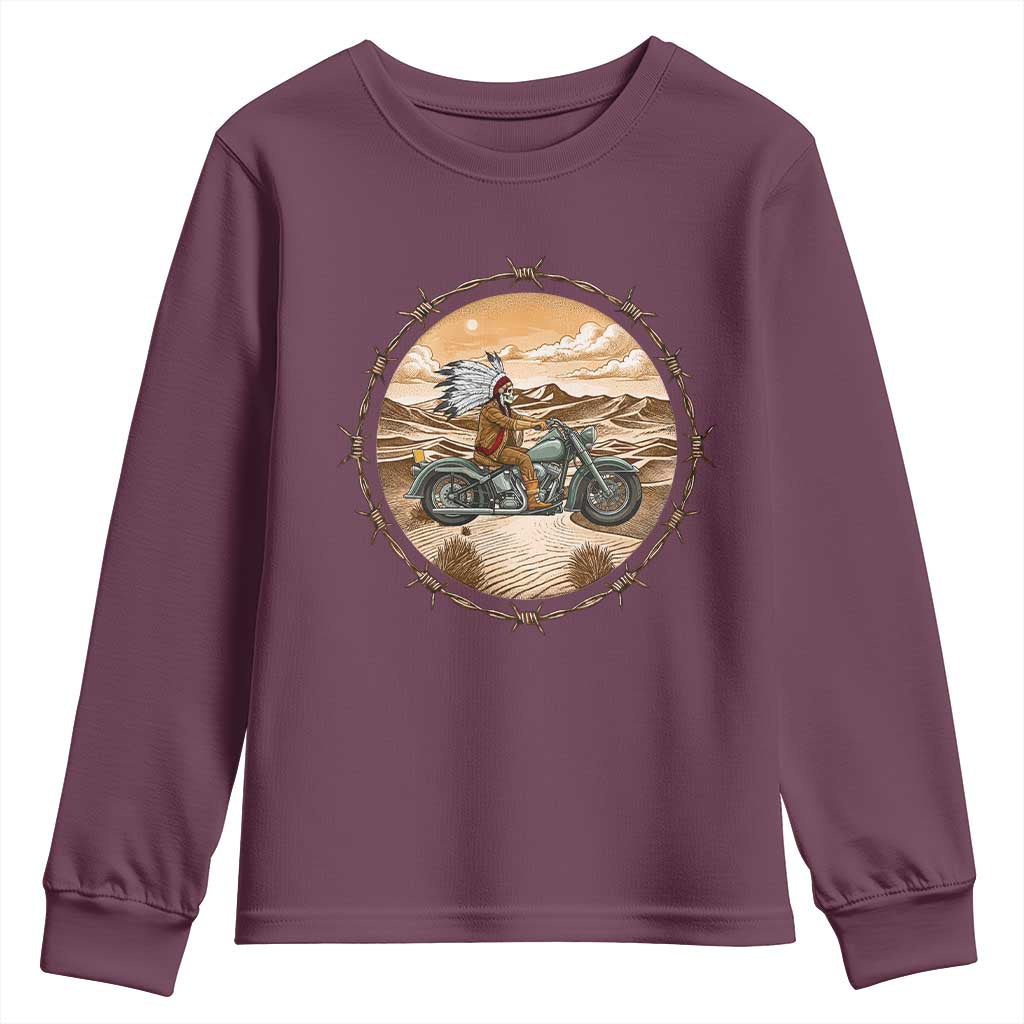 Native American Biker Gift Youth Sweatshirt Skull Motorcycle Rider TS12 Maroon Print Your Wear