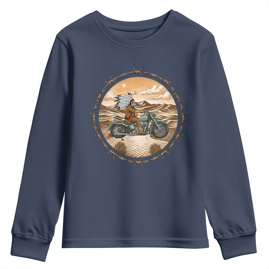 Native American Biker Gift Youth Sweatshirt Skull Motorcycle Rider TS12 Navy Print Your Wear