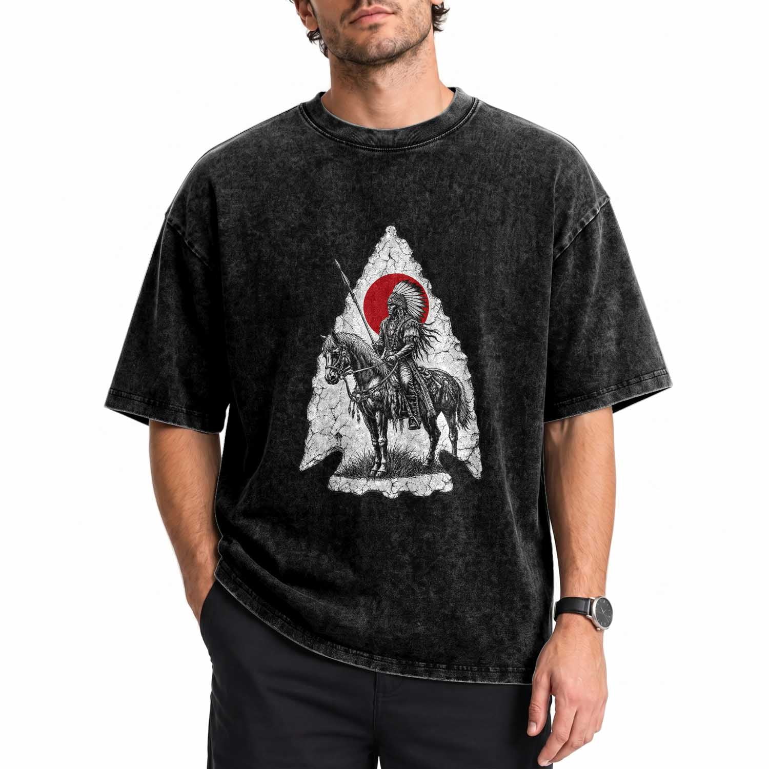 Vintage Native American Warrior Washed Cotton T-Shirt Horse Rider Feather Headdress Graphic