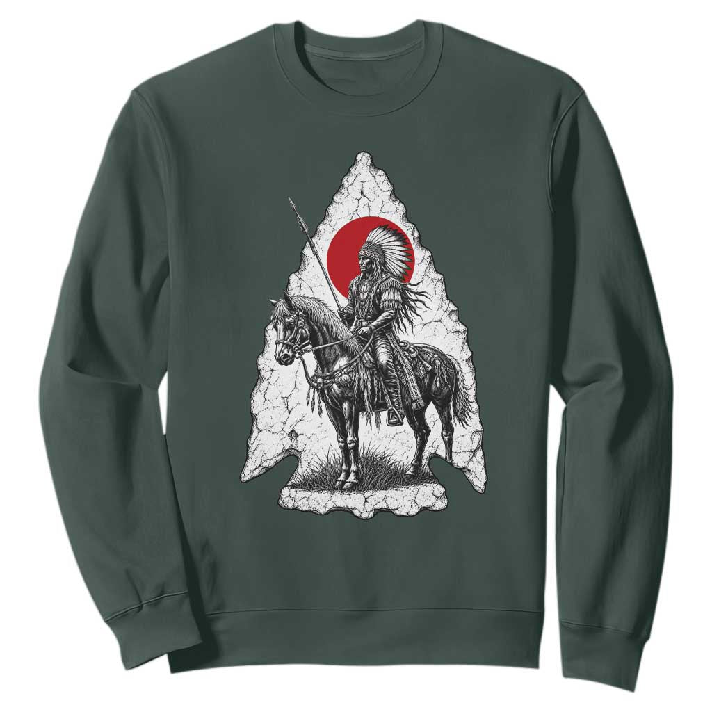 Vintage Native American Warrior Sweatshirt Horse Rider Feather Headdress Graphic TS12 Dark Forest Green Print Your Wear