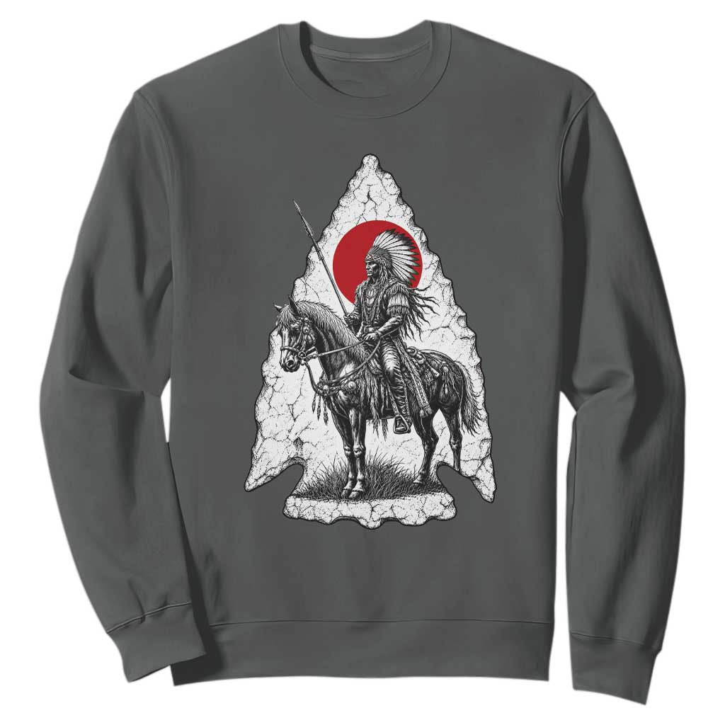 Vintage Native American Warrior Sweatshirt Horse Rider Feather Headdress Graphic TS12 Dark Heather Print Your Wear