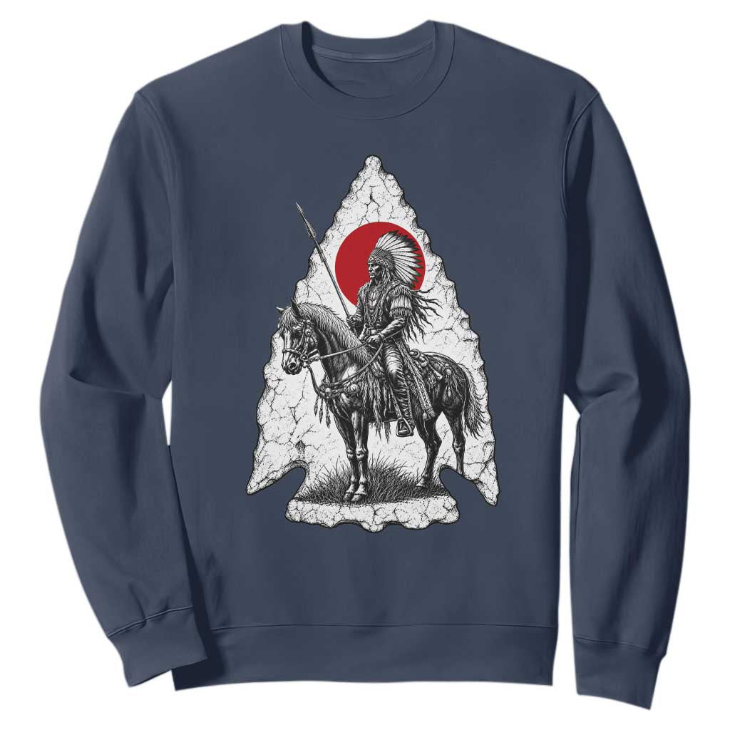 Vintage Native American Warrior Sweatshirt Horse Rider Feather Headdress Graphic TS12 Navy Print Your Wear