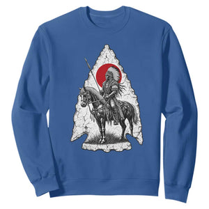 Vintage Native American Warrior Sweatshirt Horse Rider Feather Headdress Graphic TS12 Royal Blue Print Your Wear