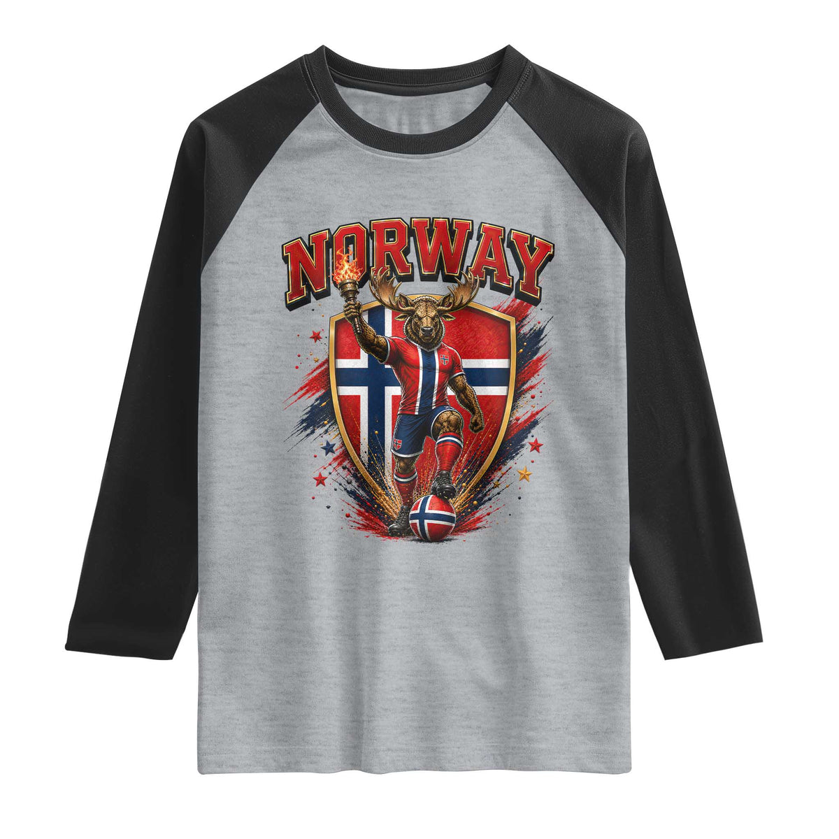Funny Norway Norwegian Moose Raglan Shirt Soccer Fan Game Day Gift TS12 Heather Gray Black Print Your Wear