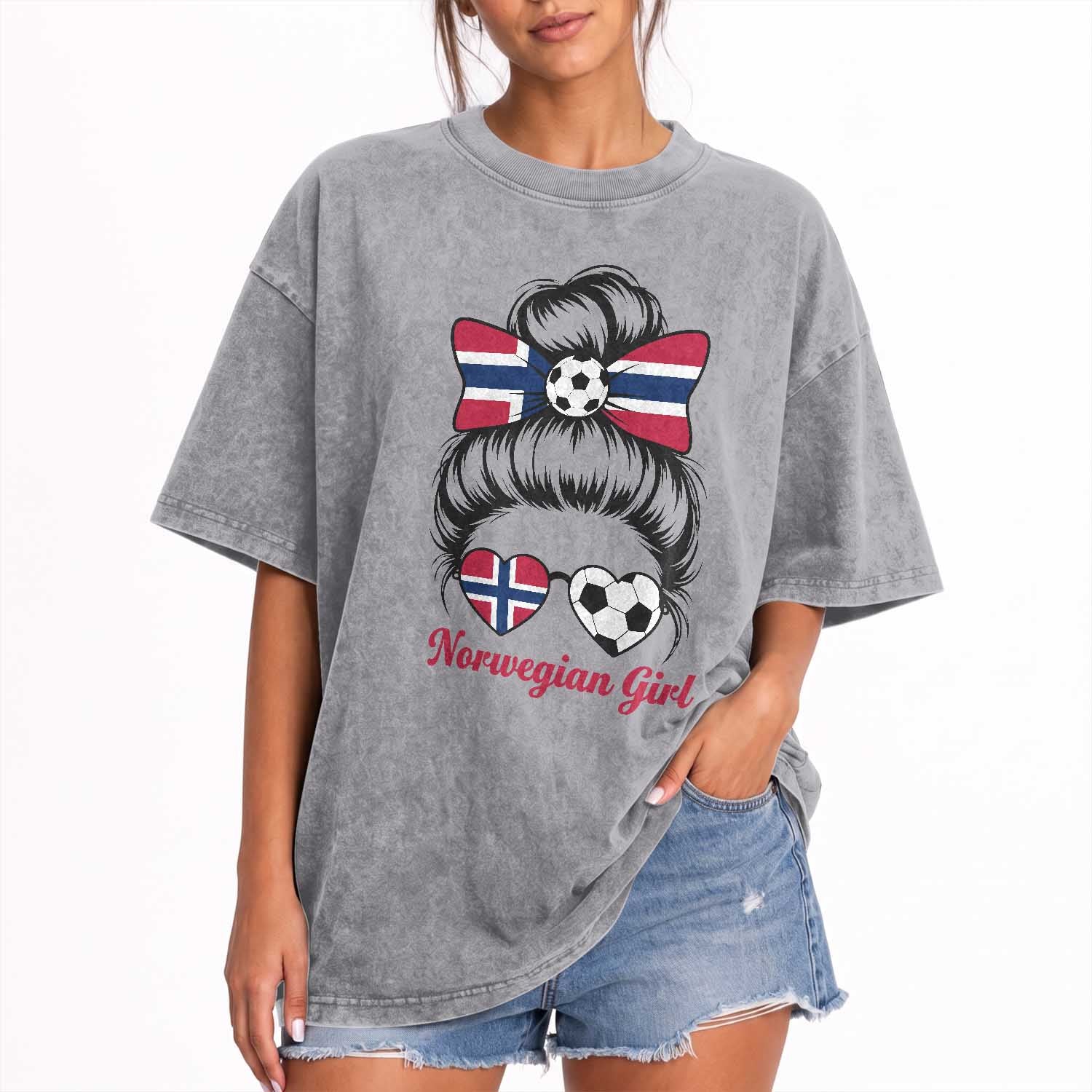 Norwegian Soccer Girl Washed Cotton T-Shirt Messy Bun Sunglasses Football Fan